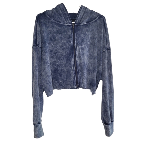 Urban Outfitters Out From Under Acid Wash Blue Ribbed Crop Zip Up Hoodie Size L - Picture 2 of 6